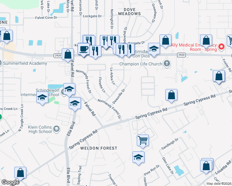 map of restaurants, bars, coffee shops, grocery stores, and more near 20902 Meadowhill Drive in Spring