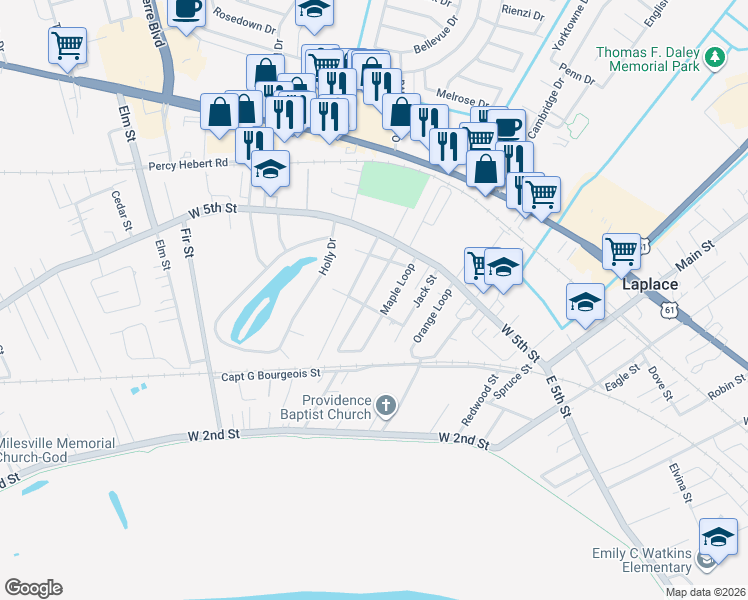 map of restaurants, bars, coffee shops, grocery stores, and more near 477 Maple Loop in LaPlace