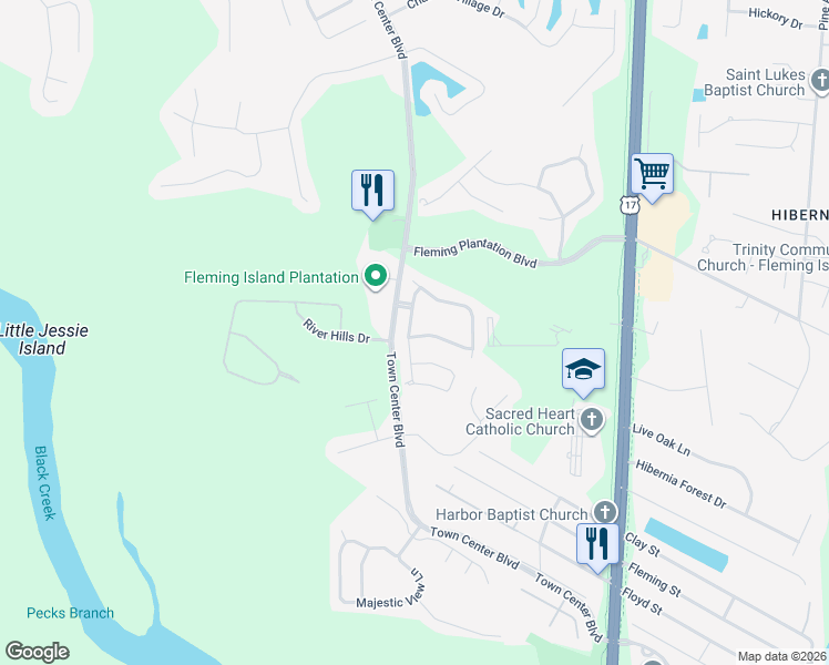 map of restaurants, bars, coffee shops, grocery stores, and more near 2325 Wood Hollow Lane in Fleming Island