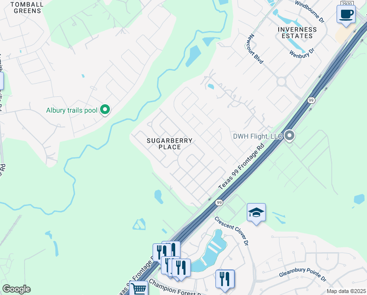 map of restaurants, bars, coffee shops, grocery stores, and more near 10035 Sweet Olive Way in Tomball