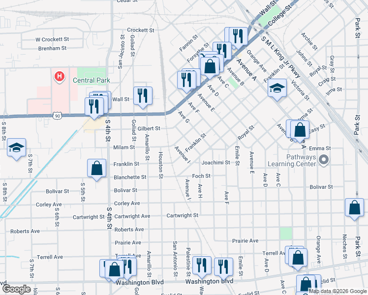 map of restaurants, bars, coffee shops, grocery stores, and more near 1230 Avenue H in Beaumont