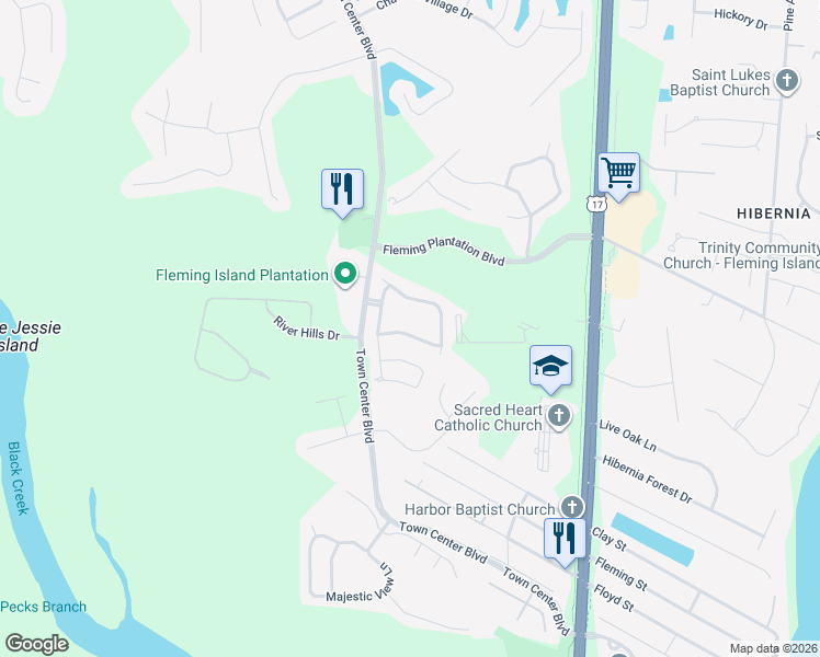 map of restaurants, bars, coffee shops, grocery stores, and more near 1650 Vineland Circle in Fleming Island