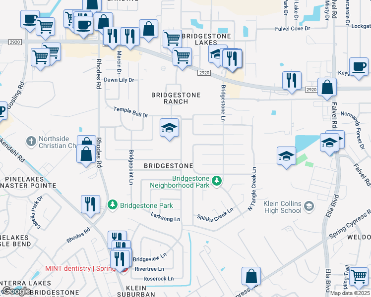 map of restaurants, bars, coffee shops, grocery stores, and more near 21618 Castlemont Lane in Spring