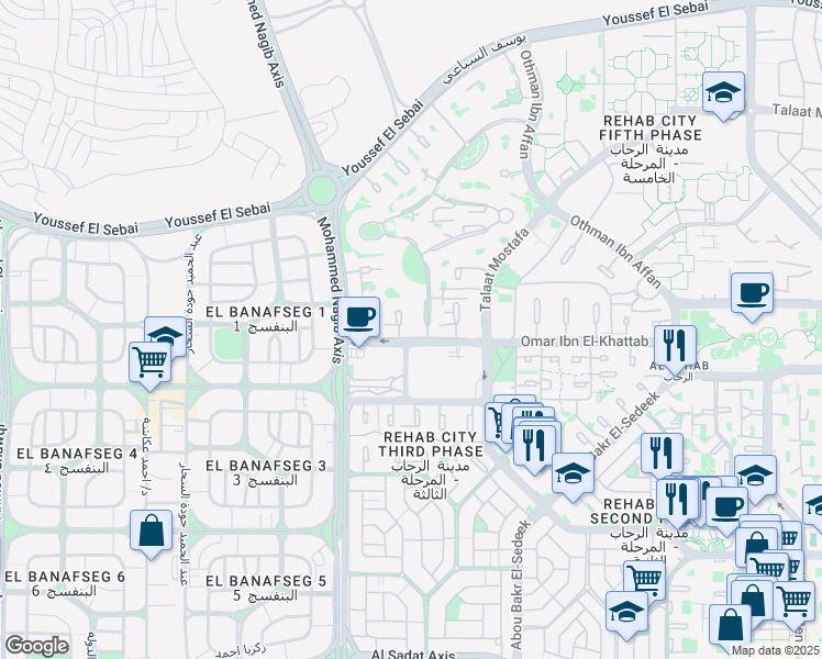 map of restaurants, bars, coffee shops, grocery stores, and more near in Second New Cairo