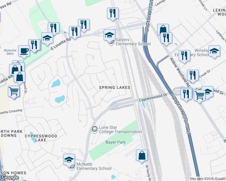 map of restaurants, bars, coffee shops, grocery stores, and more near 25506 Sunflower Springs Court in Spring