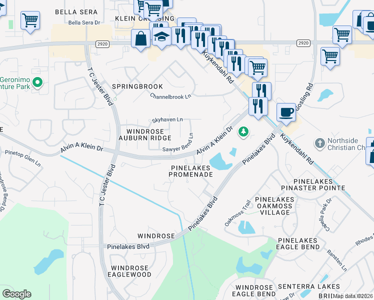 map of restaurants, bars, coffee shops, grocery stores, and more near 5915 Sawyer Bend Lane in Spring
