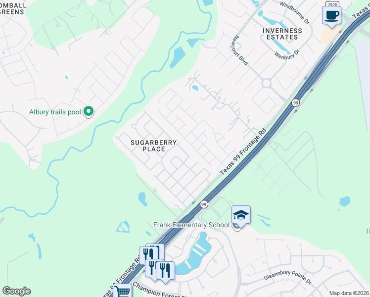 map of restaurants, bars, coffee shops, grocery stores, and more near 21107 Sugarbridge Lane in Tomball