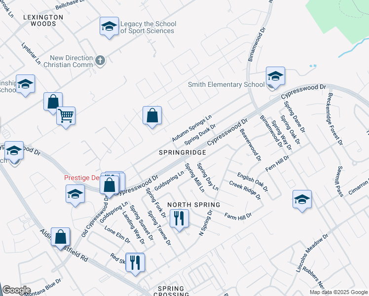 map of restaurants, bars, coffee shops, grocery stores, and more near 2514 Spring Dusk Drive in Spring