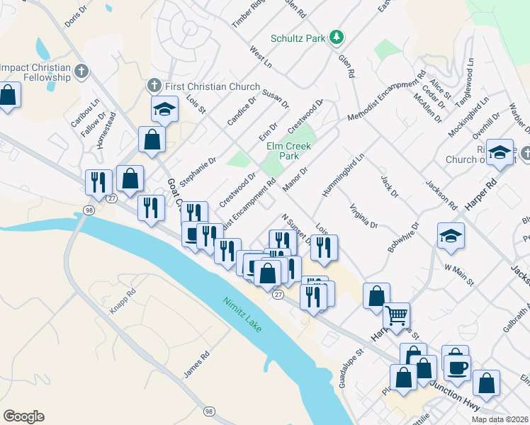 map of restaurants, bars, coffee shops, grocery stores, and more near 116 Cynthia Drive in Kerrville