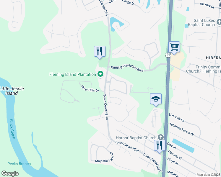 map of restaurants, bars, coffee shops, grocery stores, and more near 2325 Wood Hollow Lane in Fleming Island
