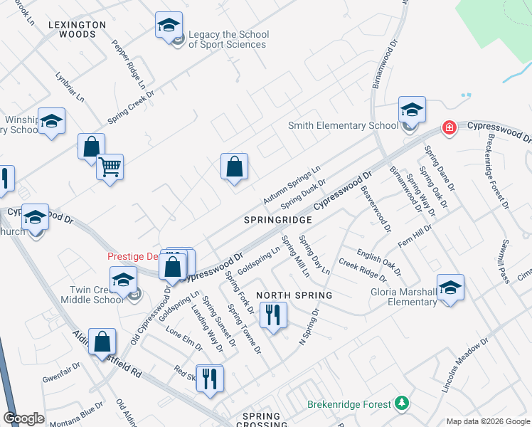 map of restaurants, bars, coffee shops, grocery stores, and more near 2439 Spring Dusk Drive in Spring