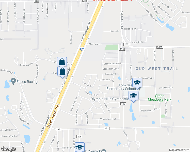 map of restaurants, bars, coffee shops, grocery stores, and more near 328 Shale Circle in Buda