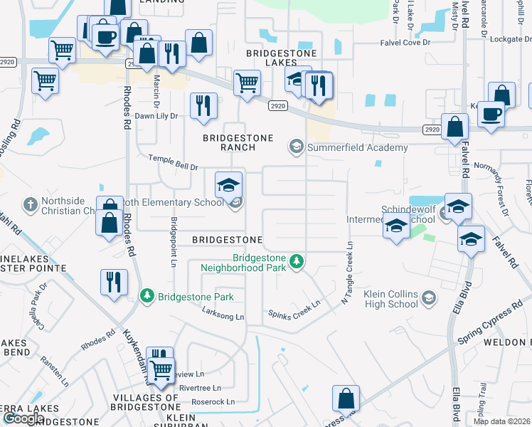 map of restaurants, bars, coffee shops, grocery stores, and more near 4523 Pineville Lane in Spring
