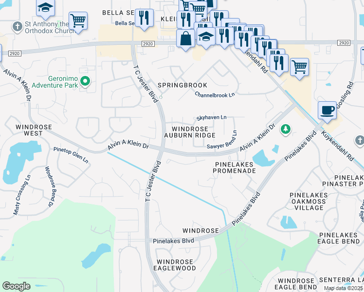 map of restaurants, bars, coffee shops, grocery stores, and more near 20015 Jessica Rose Lane in Spring