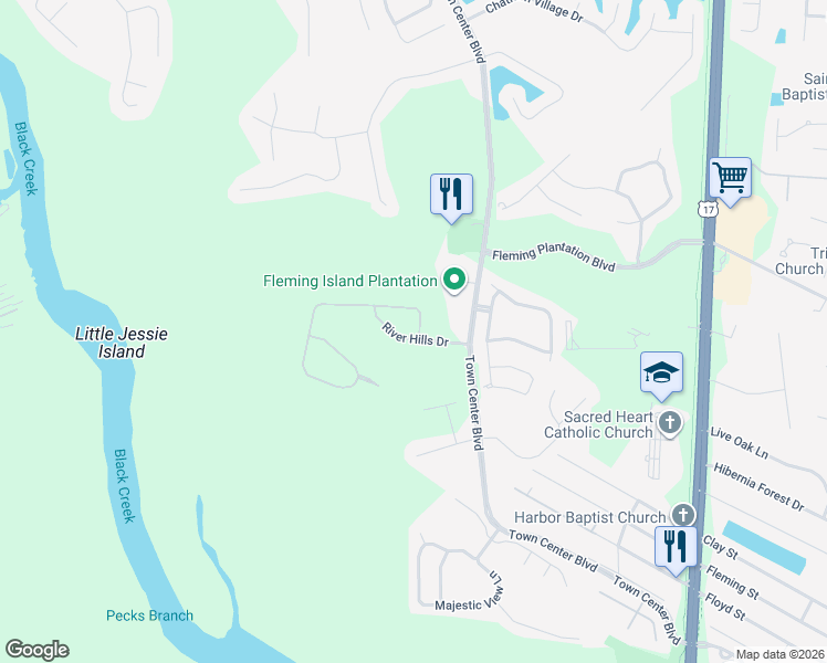 map of restaurants, bars, coffee shops, grocery stores, and more near 1730 River Hills Drive in Orange Park