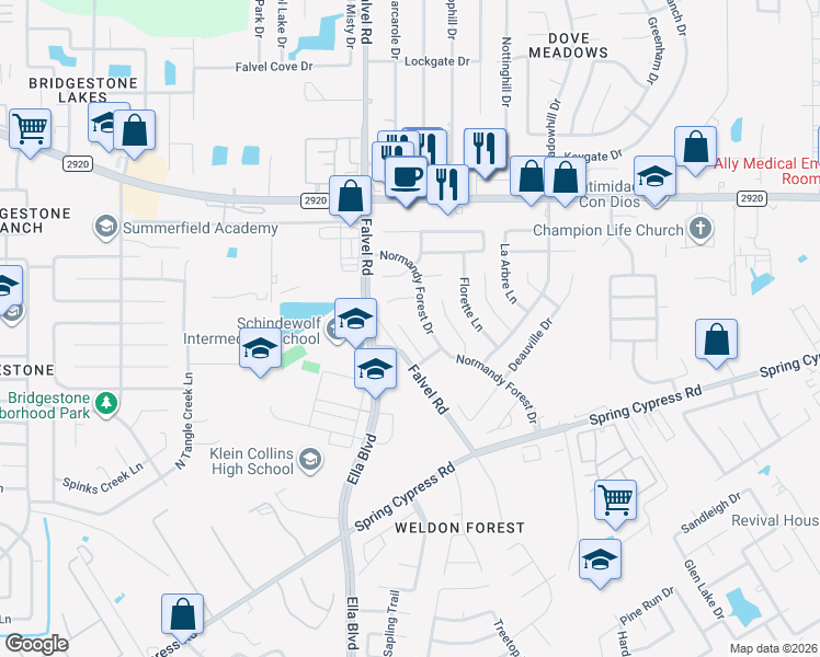 map of restaurants, bars, coffee shops, grocery stores, and more near 20926 Bayeux Lane in Spring