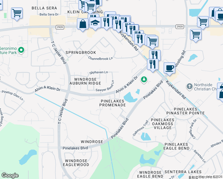 map of restaurants, bars, coffee shops, grocery stores, and more near 5915 Sawyer Bend Lane in Spring