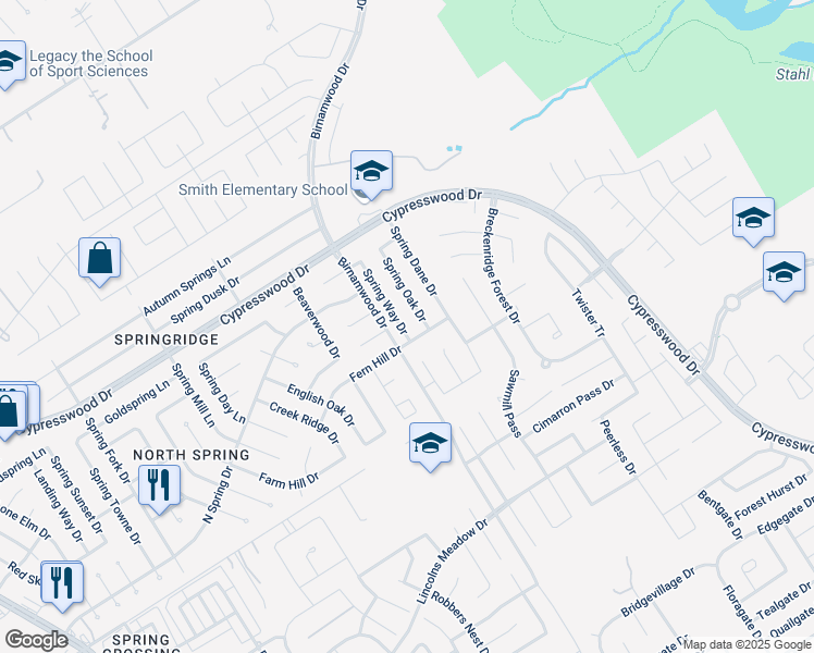 map of restaurants, bars, coffee shops, grocery stores, and more near 23810 Spring Way Drive in Spring