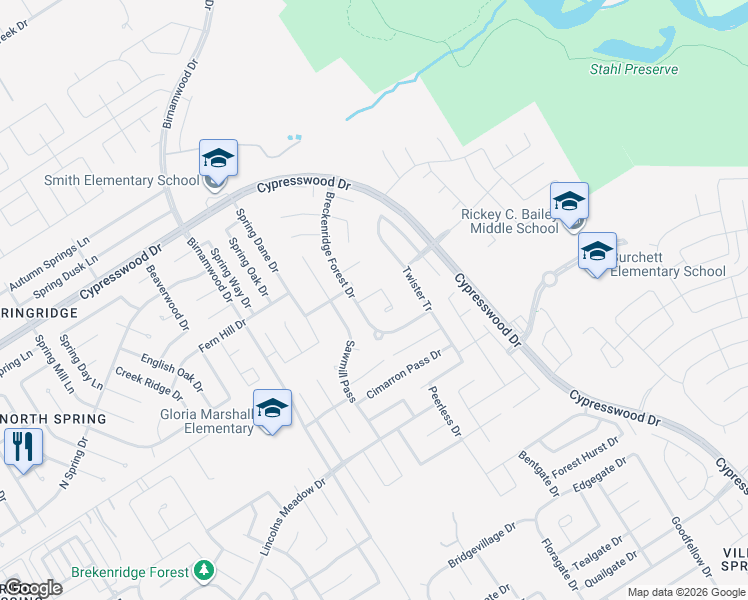 map of restaurants, bars, coffee shops, grocery stores, and more near 3142 Double Jack Court in Spring