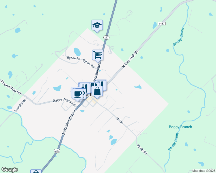 map of restaurants, bars, coffee shops, grocery stores, and more near 305 North Live Oak Street in Round Top