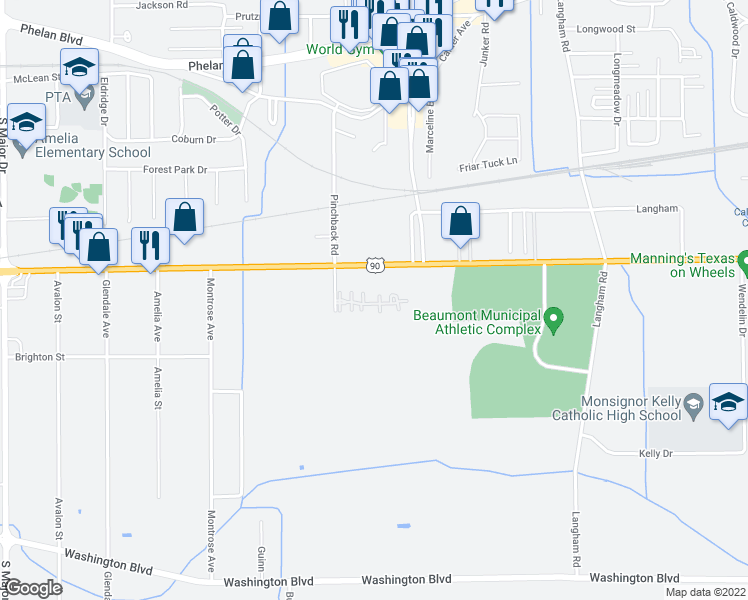 map of restaurants, bars, coffee shops, grocery stores, and more near 1075 Pinchback Road in Beaumont
