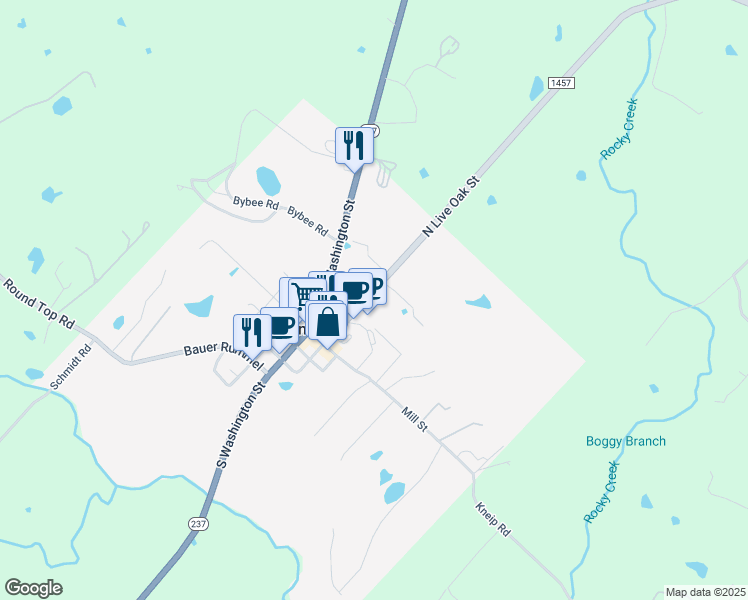 map of restaurants, bars, coffee shops, grocery stores, and more near 305 North Live Oak Street in Round Top