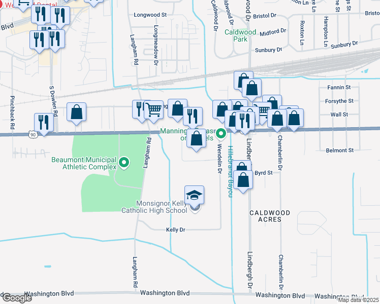 map of restaurants, bars, coffee shops, grocery stores, and more near 6005 College Street in Beaumont