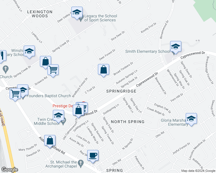 map of restaurants, bars, coffee shops, grocery stores, and more near 2427 Autumn Springs Lane in Spring