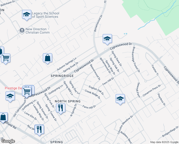 map of restaurants, bars, coffee shops, grocery stores, and more near 24002 Merry Oaks Drive in Spring