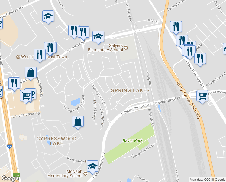 map of restaurants, bars, coffee shops, grocery stores, and more near 25610 Serena Spring Lane in Spring