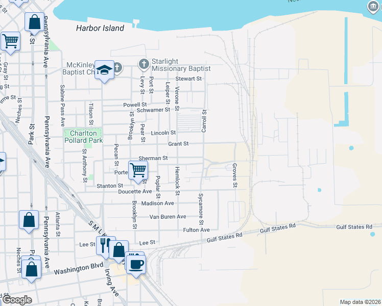 map of restaurants, bars, coffee shops, grocery stores, and more near 1440 Sherman Street in Beaumont