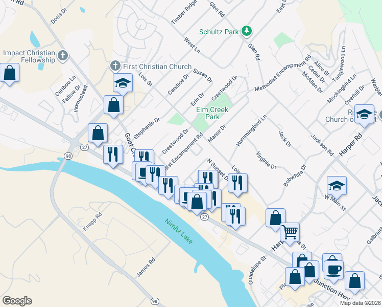 map of restaurants, bars, coffee shops, grocery stores, and more near 116 Cynthia Drive in Kerrville