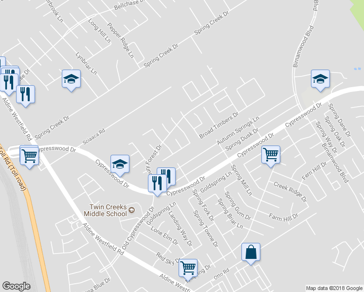 map of restaurants, bars, coffee shops, grocery stores, and more near 2319 2 Trail Drive in Spring