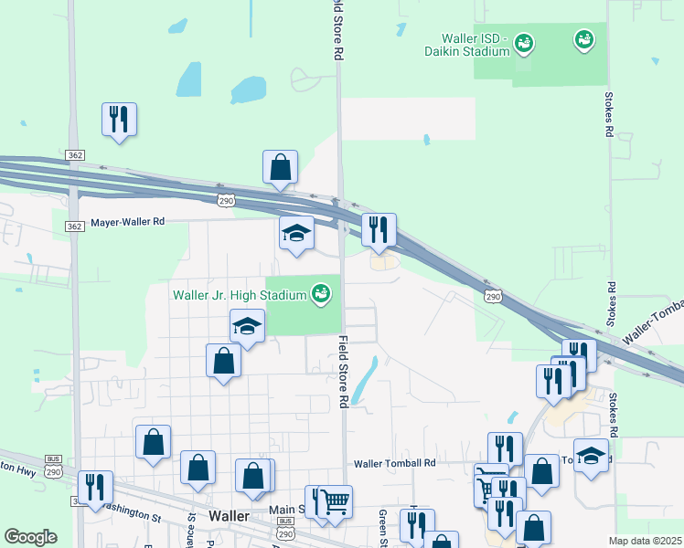 map of restaurants, bars, coffee shops, grocery stores, and more near 2200 Brazeal Street in Waller