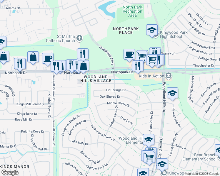 map of restaurants, bars, coffee shops, grocery stores, and more near 2102 Fir Springs Drive in Humble
