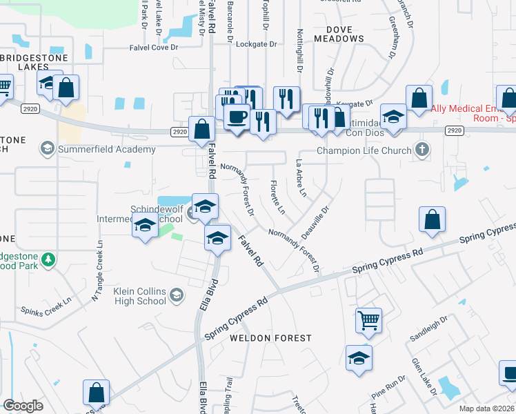 map of restaurants, bars, coffee shops, grocery stores, and more near 20910 Normandy Forest Drive in Spring