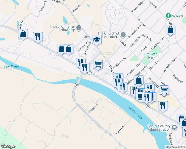 map of restaurants, bars, coffee shops, grocery stores, and more near 1621 Junction Hwy in Kerrville