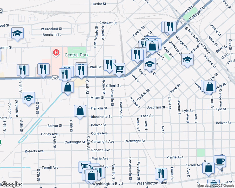 map of restaurants, bars, coffee shops, grocery stores, and more near 1110 Houston Street in Beaumont