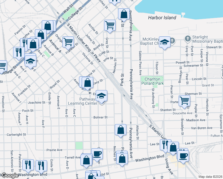 map of restaurants, bars, coffee shops, grocery stores, and more near 2213 Neches Street in Beaumont