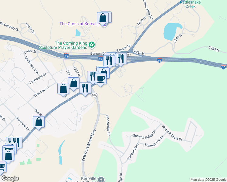 map of restaurants, bars, coffee shops, grocery stores, and more near 743 Alpine Drive in Kerrville