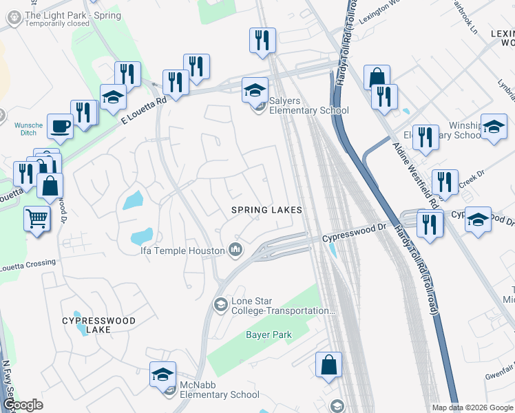 map of restaurants, bars, coffee shops, grocery stores, and more near 25506 Sunflower Springs Court in Spring