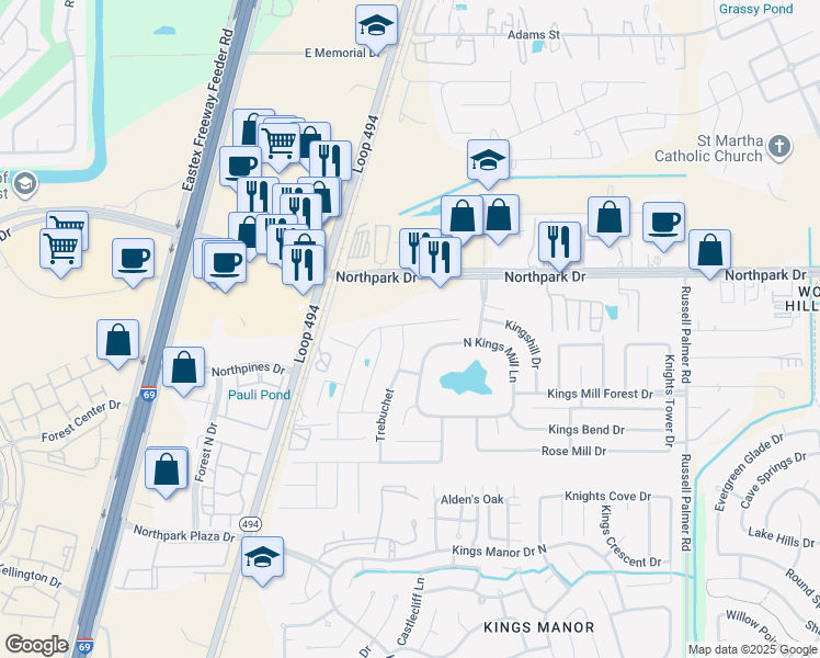 map of restaurants, bars, coffee shops, grocery stores, and more near 25989 North Kings Mill Lane in Montgomery County