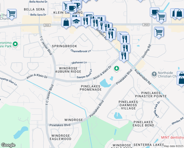 map of restaurants, bars, coffee shops, grocery stores, and more near 5903 Sawyer Bend Lane in Spring
