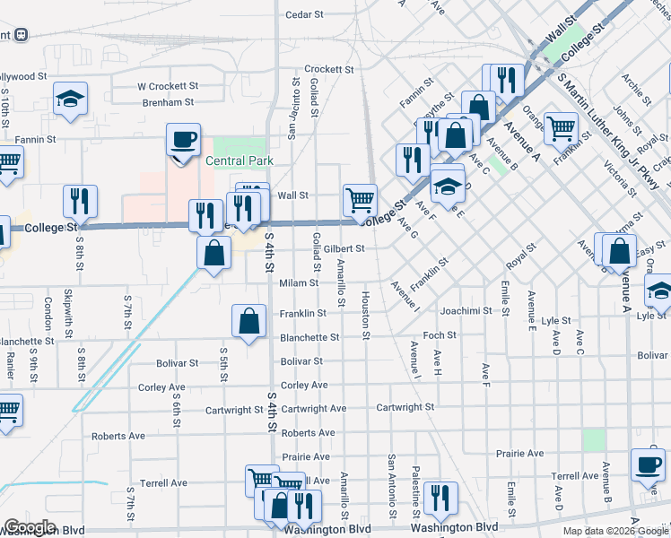 map of restaurants, bars, coffee shops, grocery stores, and more near 1121 Goliad Street in Beaumont
