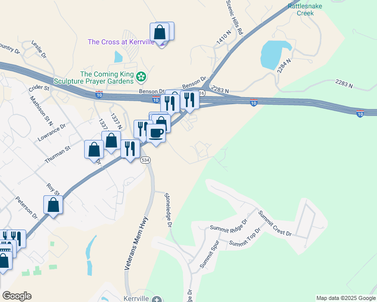 map of restaurants, bars, coffee shops, grocery stores, and more near 743-747 Alpine Drive in Kerrville