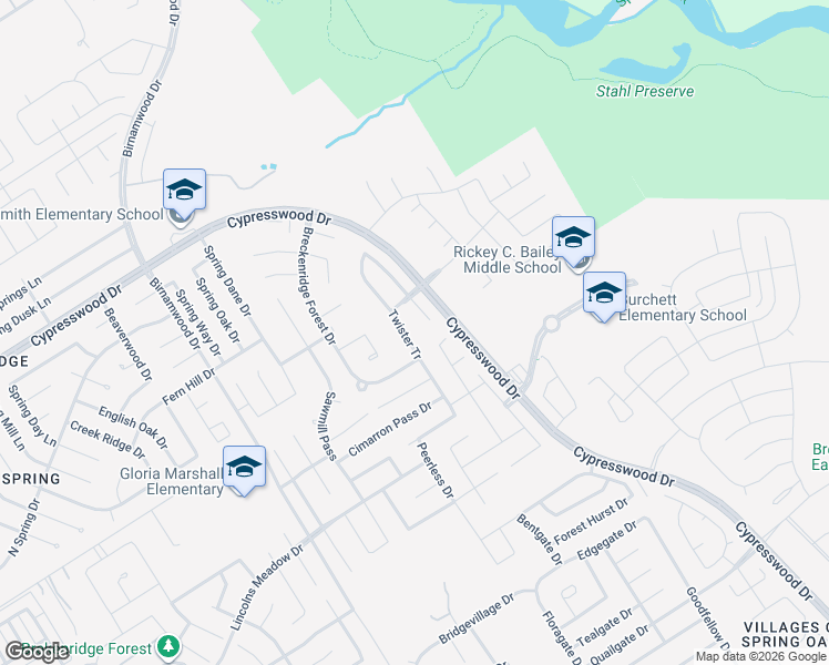 map of restaurants, bars, coffee shops, grocery stores, and more near 25211 Twister Trail in Spring
