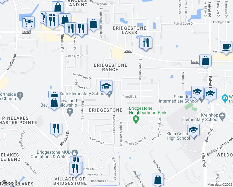 map of restaurants, bars, coffee shops, grocery stores, and more near 21618 Castlemont Lane in Spring