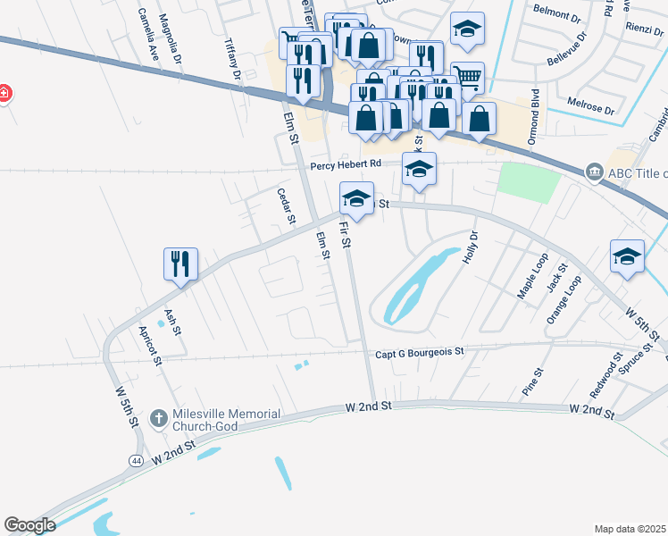 map of restaurants, bars, coffee shops, grocery stores, and more near 319 Elm Street in LaPlace