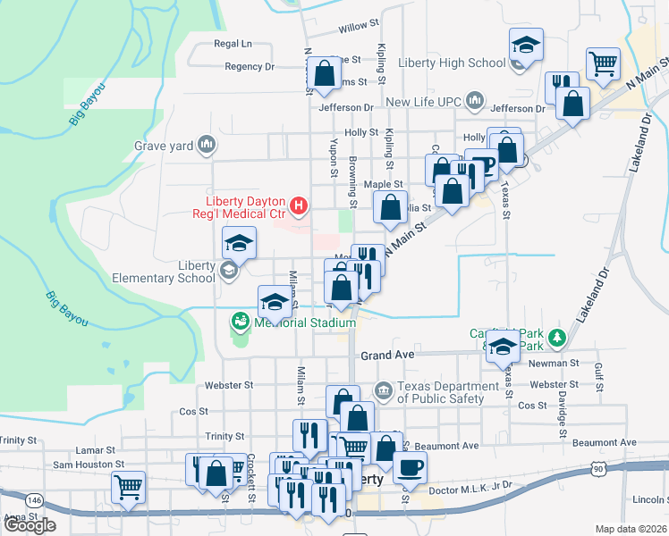 map of restaurants, bars, coffee shops, grocery stores, and more near 1805 Monta Street in Liberty