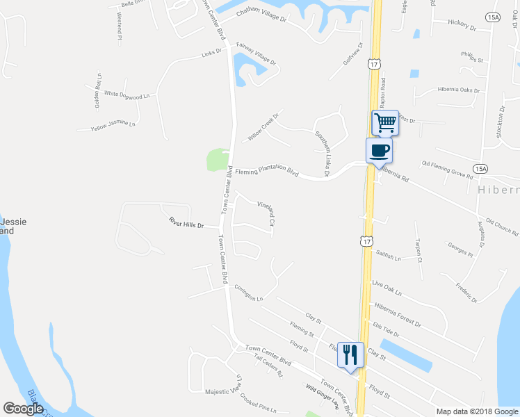map of restaurants, bars, coffee shops, grocery stores, and more near 1550A Vineland Circle in Orange Park